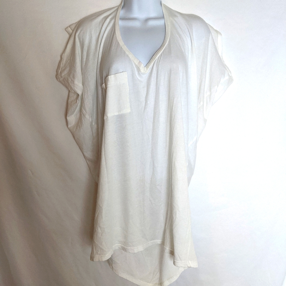 Vitamin A White Open Key Hole Back Swim Cover Top Blouse V Neck Pocket Hi Low S